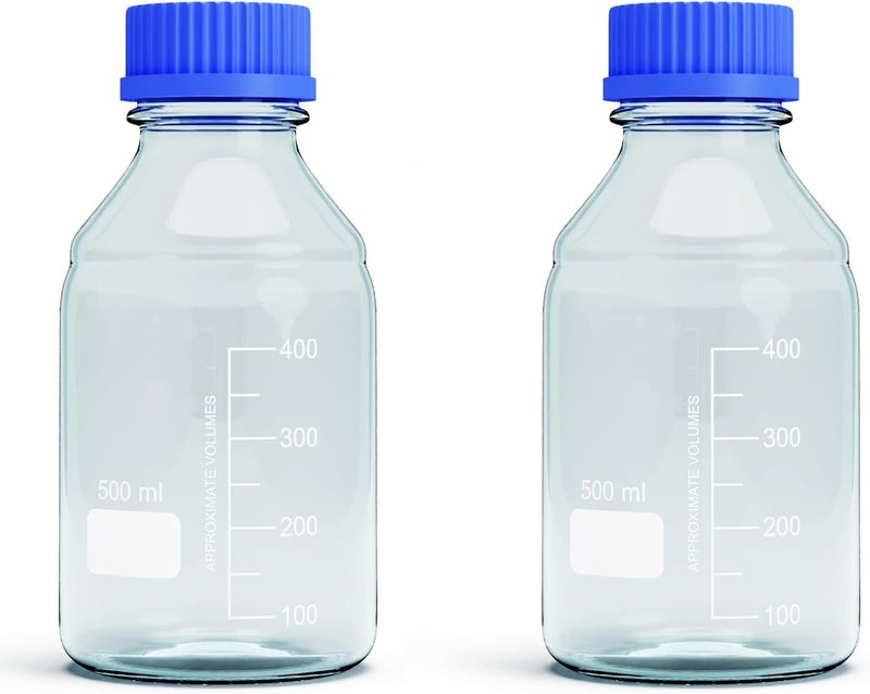 MorexLab 500ML Storage Glass Bottles – 2pcs Round Media Storage Bottle – Borosilicate Glass Bottles – Safe Probe Storage Glass Storage Bottles with GL45 Blue Screw Cap (500ml - 2pcs) Advanced minimal build - Image 1