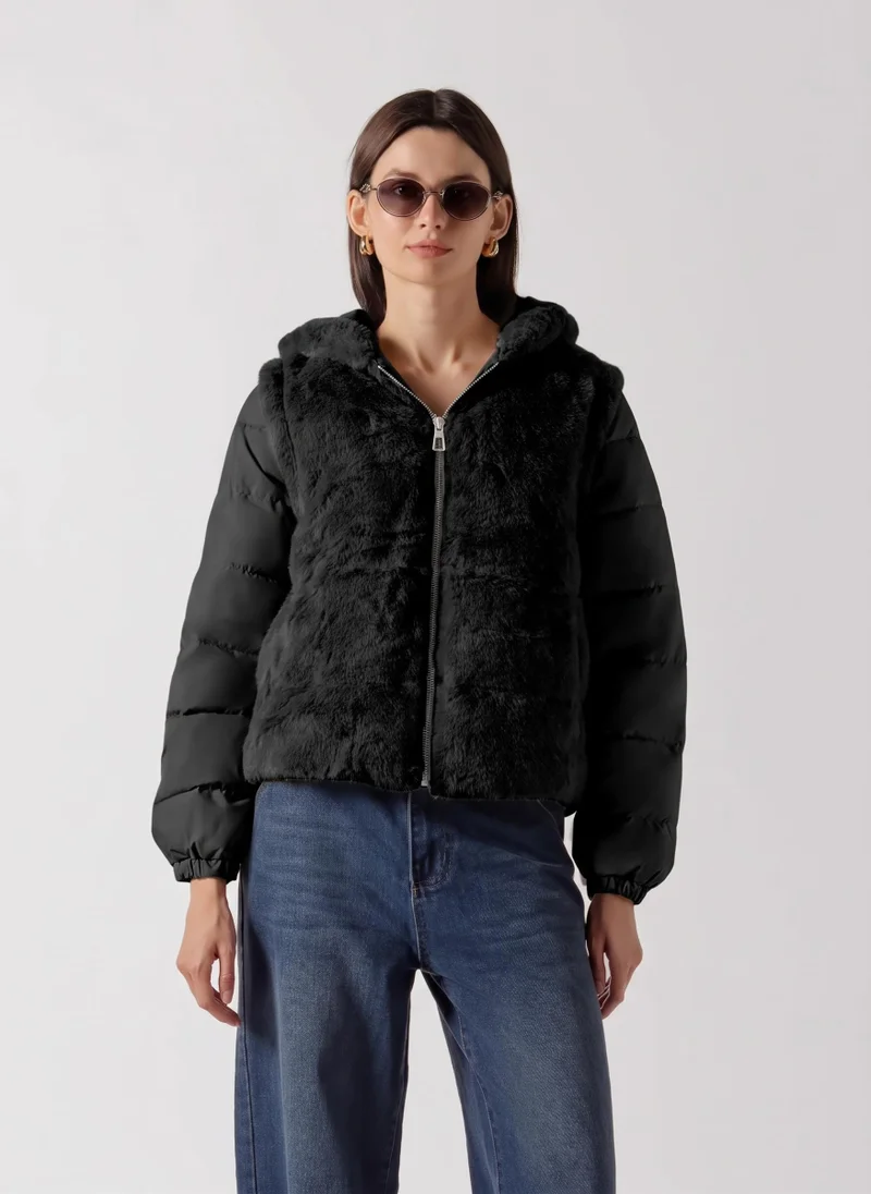 FAUX FUR PANEL PUFFER