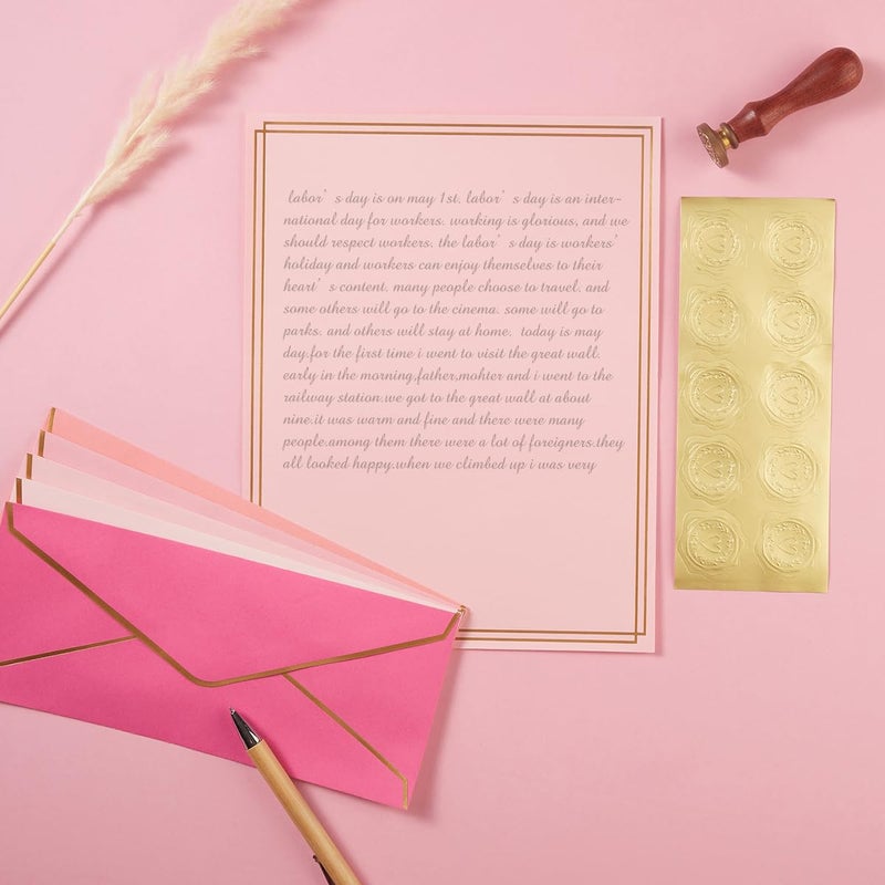 Topeen 50 Pack 5 Colors Stationery Set with Gold Border, #10 Business Envelopes and 8.5x11 Paper Sheets and Stickers for Writing Letters (Pink) - Image 5