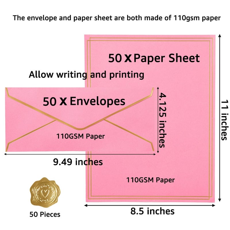 Topeen 50 Pack 5 Colors Stationery Set with Gold Border, #10 Business Envelopes and 8.5x11 Paper Sheets and Stickers for Writing Letters (Pink) - Image 2