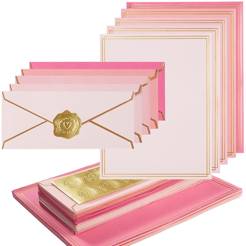 Topeen 50 Pack 5 Colors Stationery Set with Gold Border, #10 Business Envelopes and 8.5x11 Paper Sheets and Stickers for Writing Letters (Pink) - Image 1