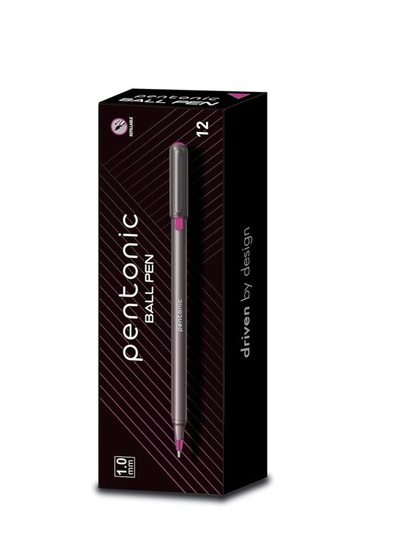 Pentonic Ball Pen Box Pack | Tip Size 1.0 mm | Click Off Mechanism With Sleek Matte Finish Body | Smart Grip For Effortless Writing Experience | Pink Ink, Pack Of 12  - Image 1