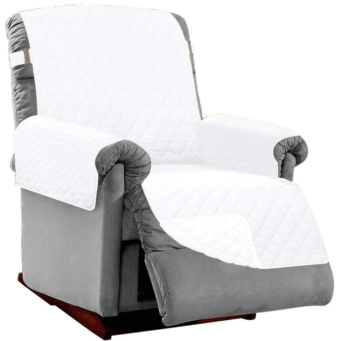 RECLINER SLIP COVER WITH PATENTED STRAP CUSHION PROTECTOR US DESIGNED REVERSIBLE STAIN AND DOG TEAR RESISTANT SLIPCOVER 28 INCH SEAT WASHABLE COVERS FOR DOGS PETS KIDS WHITE