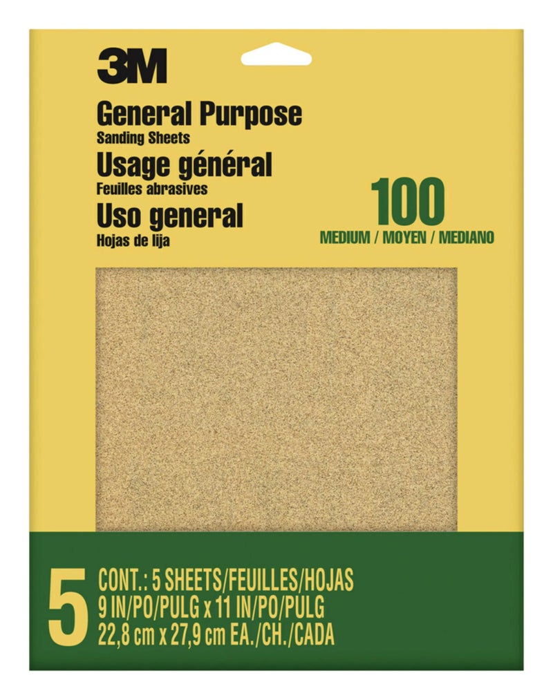3M Sandpaper, 100 Grit, 5 Sheets, 9 in x 11 in, Sands Paint, Wood & Metal, Great For General Purpose Sanding, Medium Aluminum Oxide Sand Paper (9002NA-20) - Image 1