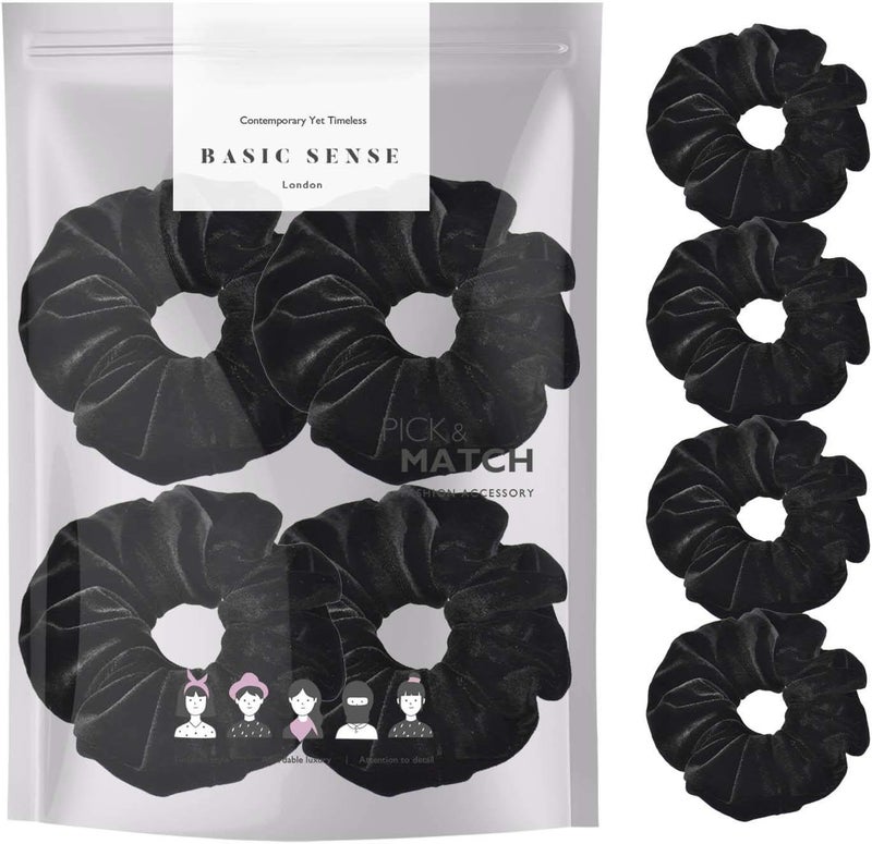 4 PCS SET Premium Large Hair Velvet Scrunchies Ties Bands Updo Ponytail Bobble Scrunchy Holder For Women Girl Kids Black Multi Pack