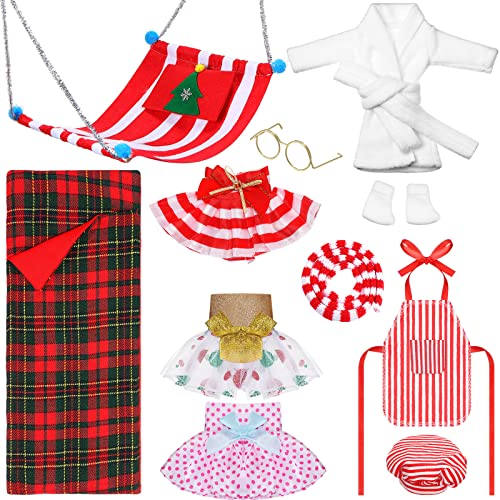 Jenaai 12 Pieces Christmas Elf Clothes Accessories Set Mini Outfit Include Elf Skirt Fluffy Vest Bathrobe Swing Sleeping Bag Scarf Apron Hats SocksSimple Style - Image 1