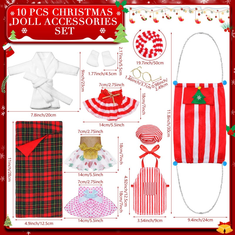 Jenaai 12 Pieces Christmas Elf Clothes Accessories Set Mini Outfit Include Elf Skirt Fluffy Vest Bathrobe Swing Sleeping Bag Scarf Apron Hats SocksSimple Style - Image 3