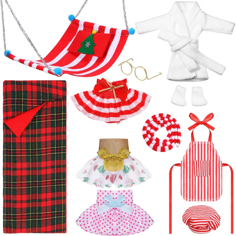 Jenaai 12 Pieces Christmas Elf Clothes Accessories Set Mini Outfit Include Elf Skirt Fluffy Vest Bathrobe Swing Sleeping Bag Scarf Apron Hats SocksSimple Style - Image 2