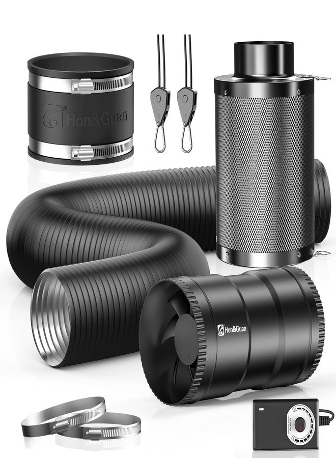 Hon&Guan 4" Air Filtration Kit: 4 Inch Inline Duct Fan with Speed Controller, 10" High Carbon Filter, 8 Ft Ducting & Rubber Coupler, Ventilation System for Grow Tents, Indoor Gardening, Hydroponics - Image 1