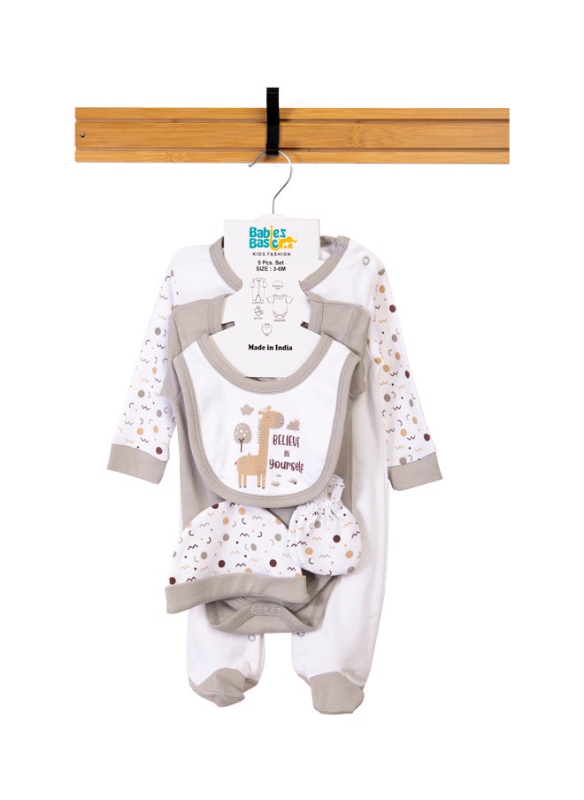 Babies Basic 5 Piece Unisex 100% Cotton Gift Set Include Bib, Romper, Mittens, Cap And Sleepsuit/Jumpsuit- Believe In Yourself  - Image 1
