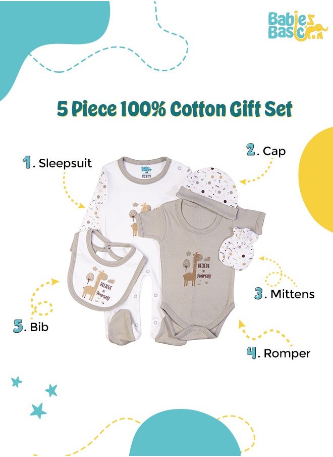 Babies Basic 5 Piece Unisex 100% Cotton Gift Set Include Bib, Romper, Mittens, Cap And Sleepsuit/Jumpsuit- Believe In Yourself  - Image 2