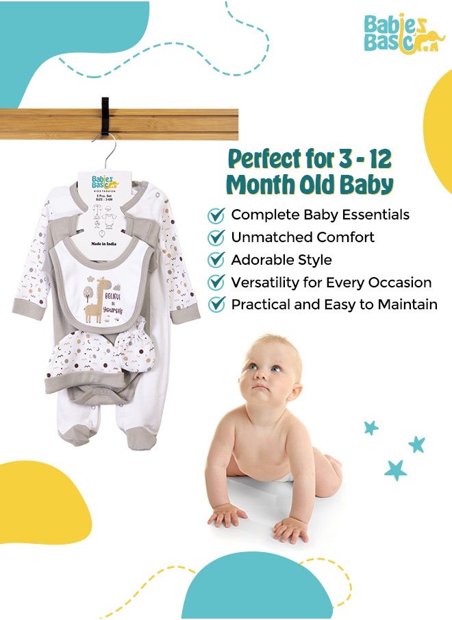 Babies Basic 5 Piece Unisex 100% Cotton Gift Set Include Bib, Romper, Mittens, Cap And Sleepsuit/Jumpsuit- Believe In Yourself  - Image 3