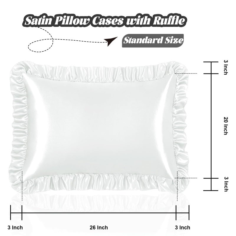 Homiest Ruffle Satin Pillowcase for Hair and Skin  Standard Size Satin Pillow Covers Silky Pillow Cases Set of 2  Satin Ruffled Pillowcase with Envelope Closure  Anti Wrinkle Pillow Shams (White) - Image 3