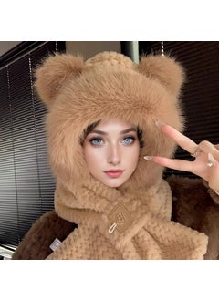 Cute Cat Ear Knit Beanie Women Autumn Winter Fashion Warm 1219 camel two-piece set [fur ball ears-big fur hat brim]]
