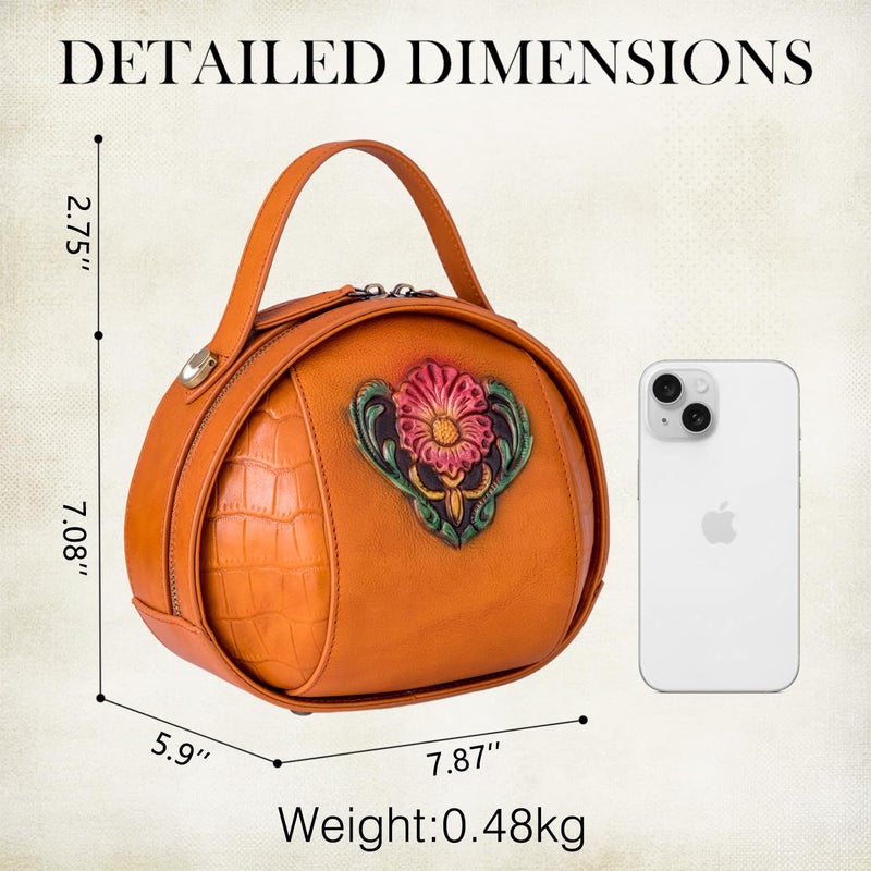 SHARPAD Vintage Genuine Leather Crossbody Bag for Women â€“ Small Structured Top Handle Purse with Hand-Embossed Flower(orange) - Image 3