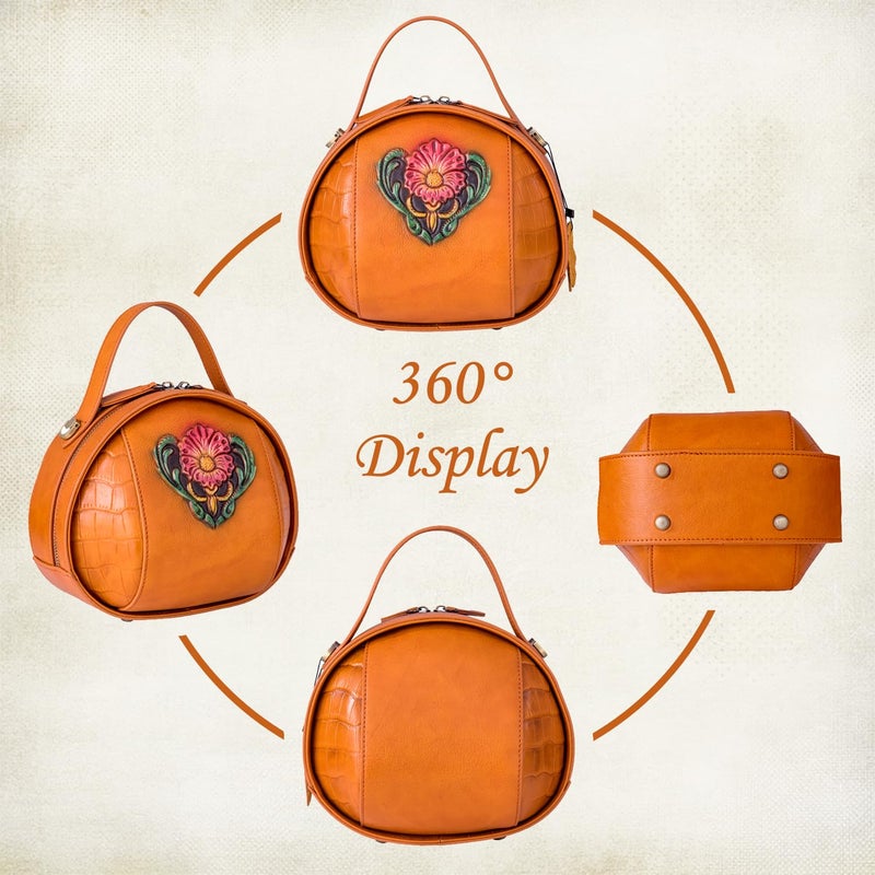 SHARPAD Vintage Genuine Leather Crossbody Bag for Women â€“ Small Structured Top Handle Purse with Hand-Embossed Flower(orange) - Image 4