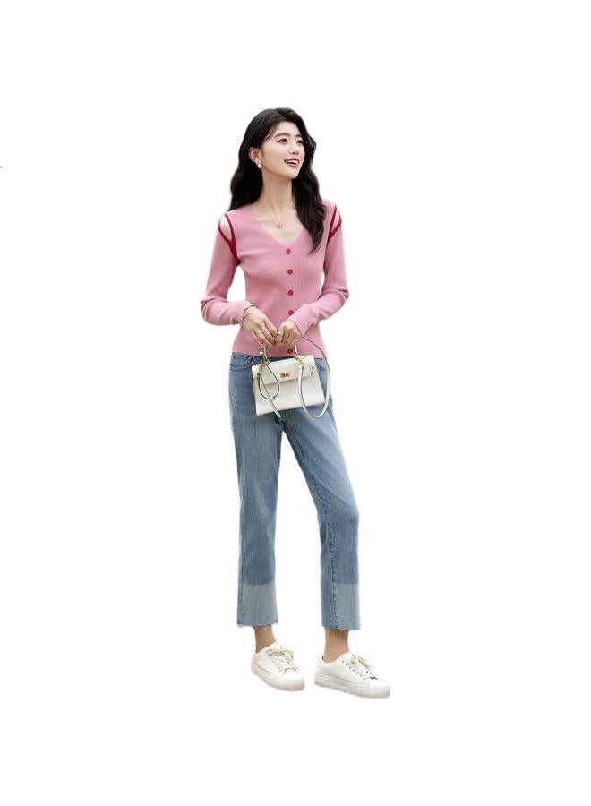 dme Demna【Soft Cloud Feeling】Summer French Off-Shoulder V-Neck Hollow Out Contrast Color Long Sleeve Comfortable Knitted Sweater Women'S Top - Image 3