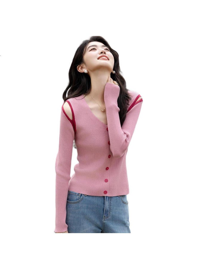 dme Demna【Soft Cloud Feeling】Summer French Off-Shoulder V-Neck Hollow Out Contrast Color Long Sleeve Comfortable Knitted Sweater Women'S Top - Image 1