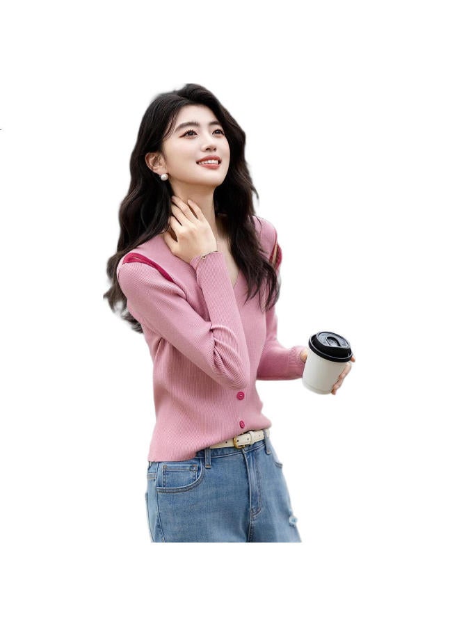 dme Demna【Soft Cloud Feeling】Summer French Off-Shoulder V-Neck Hollow Out Contrast Color Long Sleeve Comfortable Knitted Sweater Women'S Top - Image 2