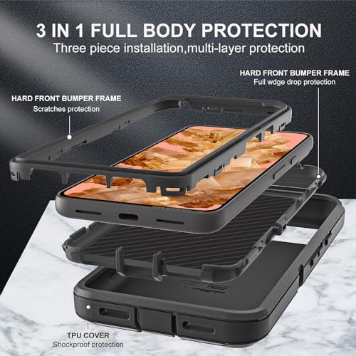YKHJKLEC for Google Pixel 8 Case, Military Grade 3 in 1 Heavy Duty Shockproof/Drop Proof/Dust Proof Case with 2Pcs Tempered Glass Screen Protector (Black/Black) - Image 4