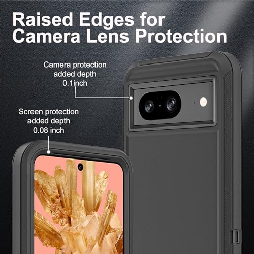 YKHJKLEC for Google Pixel 8 Case, Military Grade 3 in 1 Heavy Duty Shockproof/Drop Proof/Dust Proof Case with 2Pcs Tempered Glass Screen Protector (Black/Black) - Image 3