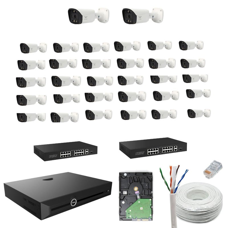 JK Vision كاميرا IP ملونة JK Vision بدقة 5 ميجابكسل 32 قطعة كاميرا رصاصة 1 قطعة NVR 32 قناة 2 X 16 قناة POE 1 تيرابايت HDD كابل Cat6 بطول 100 متر موصلات RJ45 - Image 1