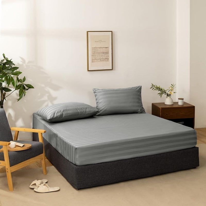 FOAM CRAFT Striped Microfiber Fitted Sheet - Light Grey, Queen Size (160 x 200cm) - Image 1