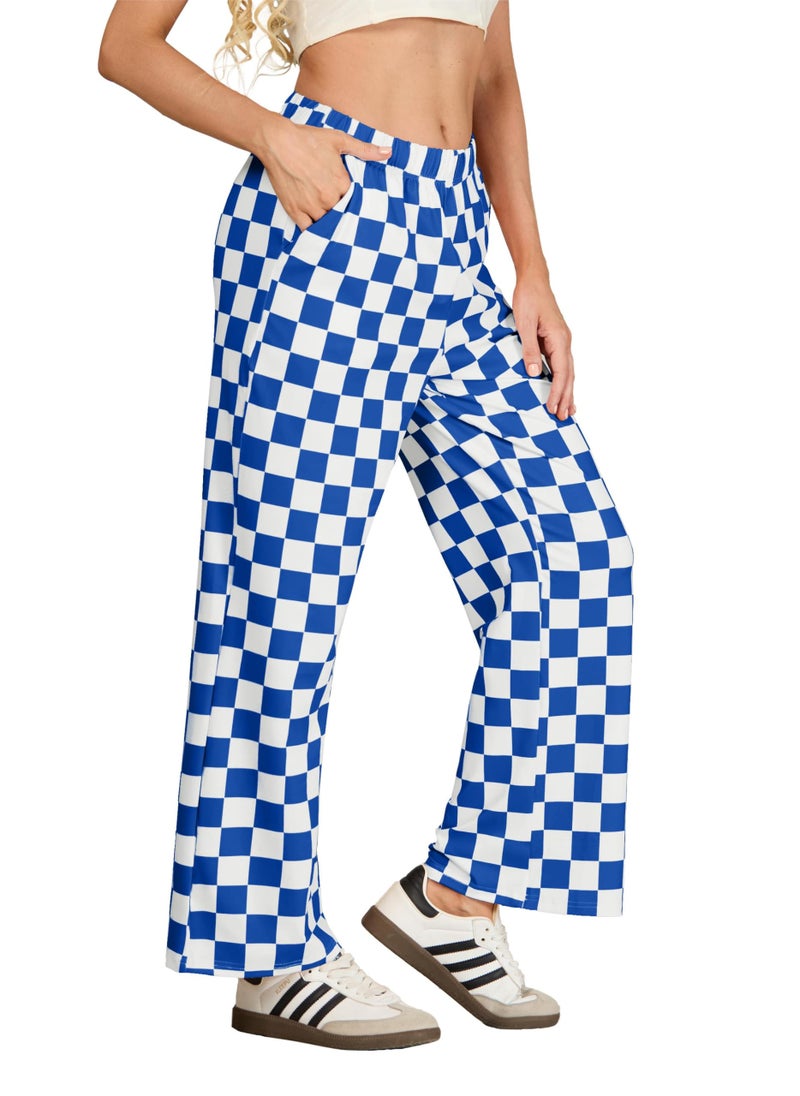 IWOLLENCE Women's Y2K Wide Leg Pants Checkered Casual Loose High Waist Loungewear Teen Gingham Sweatpants Summer Royal Blue White, L - Image 4