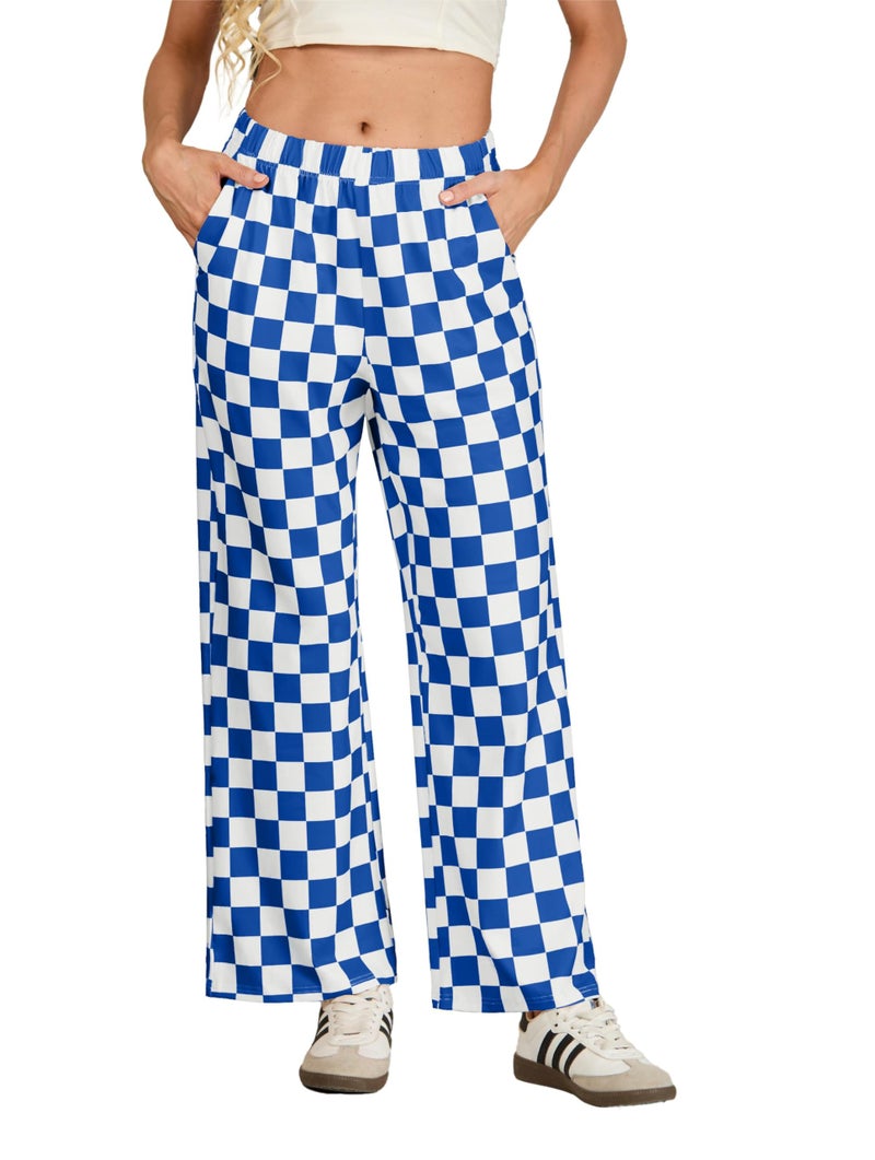 IWOLLENCE Women's Y2K Wide Leg Pants Checkered Casual Loose High Waist Loungewear Teen Gingham Sweatpants Summer Royal Blue White, L - Image 2
