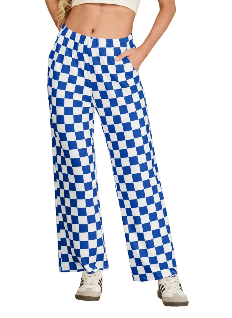 IWOLLENCE Women's Y2K Wide Leg Pants Checkered Casual Loose High Waist Loungewear Teen Gingham Sweatpants Summer Royal Blue White, L - Image 3