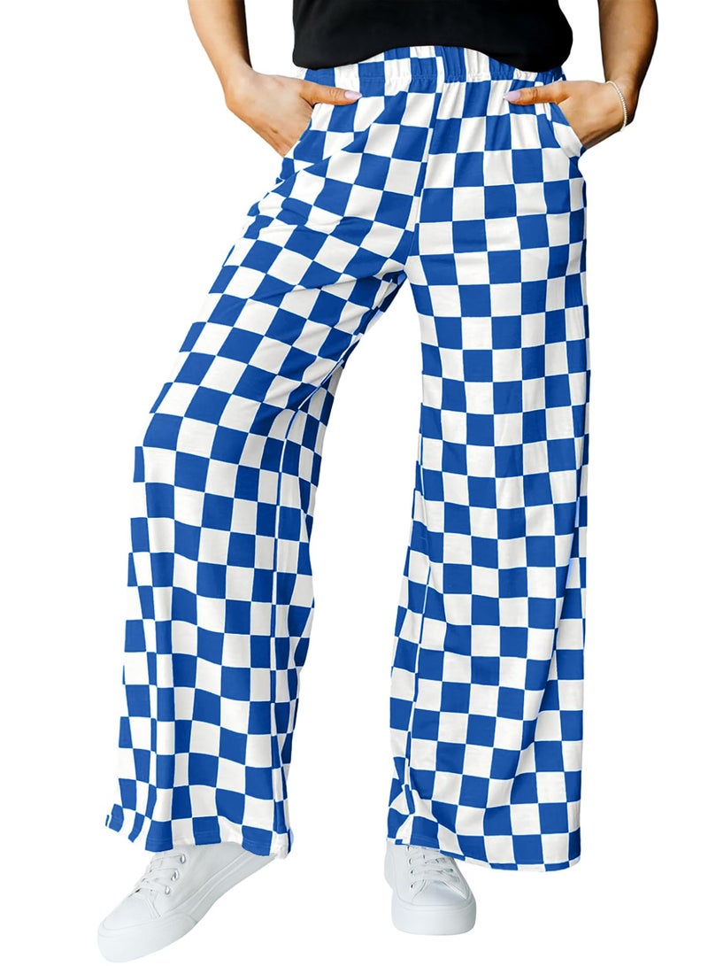 IWOLLENCE Women's Y2K Wide Leg Pants Checkered Casual Loose High Waist Loungewear Teen Gingham Sweatpants Summer Royal Blue White, L - Image 1
