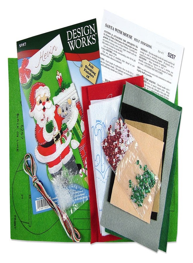 DesignWorks Ink Design Works Crafts Santa with Mouse Felt Stocking Kit, Green Red, by The Yard - Image 3