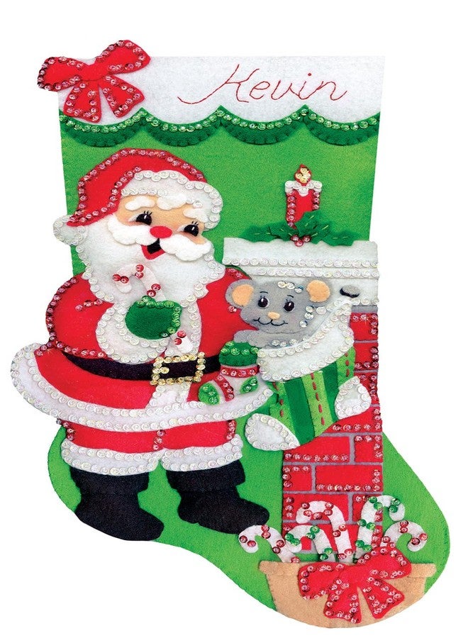 DesignWorks Ink Design Works Crafts Santa with Mouse Felt Stocking Kit, Green Red, by The Yard - Image 1