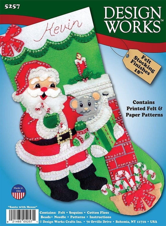 DesignWorks Ink Design Works Crafts Santa with Mouse Felt Stocking Kit, Green Red, by The Yard - Image 2