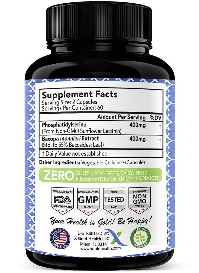 X Gold Health - Phosphatidylserine & Bacopa Monnieri 400 Mg 2 In 1 Supplement Natural Brain Enhancer / Nootropic For Enhanced Focus And Concentration Memory Support & Cognitive Function 120 Vegetarian Capsules - Image 1