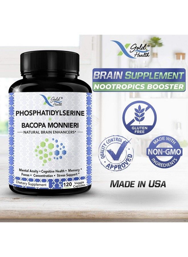 X Gold Health - Phosphatidylserine & Bacopa Monnieri 400 Mg 2 In 1 Supplement Natural Brain Enhancer / Nootropic For Enhanced Focus And Concentration Memory Support & Cognitive Function 120 Vegetarian Capsules - Image 1
