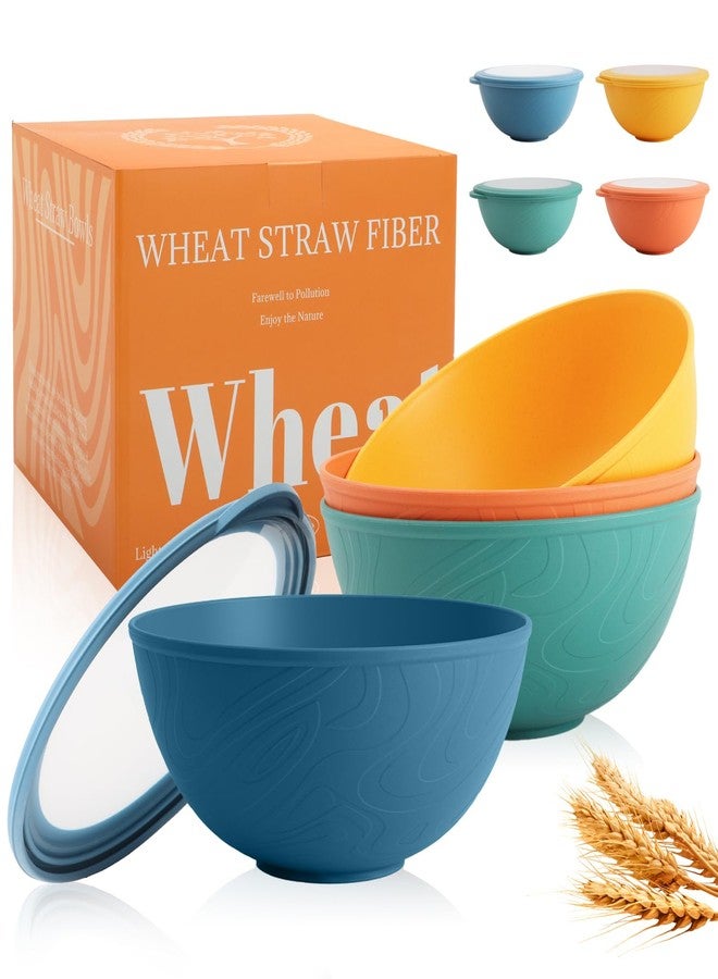 Perlapoc Wheat Straw Bowls Set with Lids, Unbreakable 40 OZ Cereal Bowls Set of 4, Salad Container for Lunch, Microwave & Dishwasher Safe Bowl Set for Kitchen, Picnic, RV, Camping, Multi - Image 1