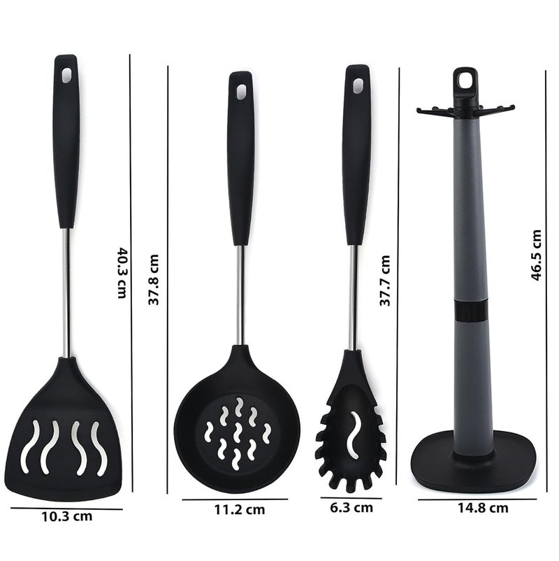 FS COOL Deep Fry Strainer Pasta Spoon Non Stick Slotted Kitchen Spatulas Ladle Stand for Kitchen Spatula for Kitchen Skimmer Slotted Spoon Silicone Spaghetti Fork Set of 4 Black - Image 2