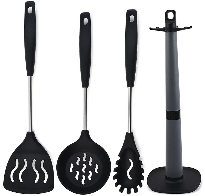 FS COOL Deep Fry Strainer Pasta Spoon Non Stick Slotted Kitchen Spatulas Ladle Stand for Kitchen Spatula for Kitchen Skimmer Slotted Spoon Silicone Spaghetti Fork Set of 4 Black - Image 1