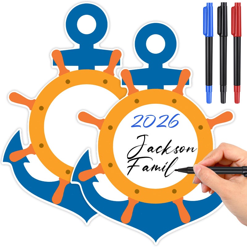 Sabary 2 Pcs Cruise Door Magnets for Cruise Ship Door Decorations Magnetic with 3 Pcs Paint Pens Anchor Steering Wheel Car Magnets Lifebuoy Bowtie Decorations for Carnival Anchor Style