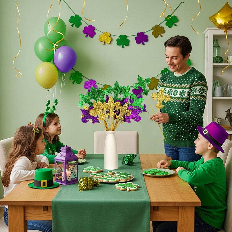 Suncalla 12 Pcs Mardi Gras Decoration Mardi Gras Picks 15 Inch Glitter Fleur De Lis Picks Carnaval Purple Green Gold Ornament for Tree Topper Home Floral Arrangement Wreath Party Decor - Image 4
