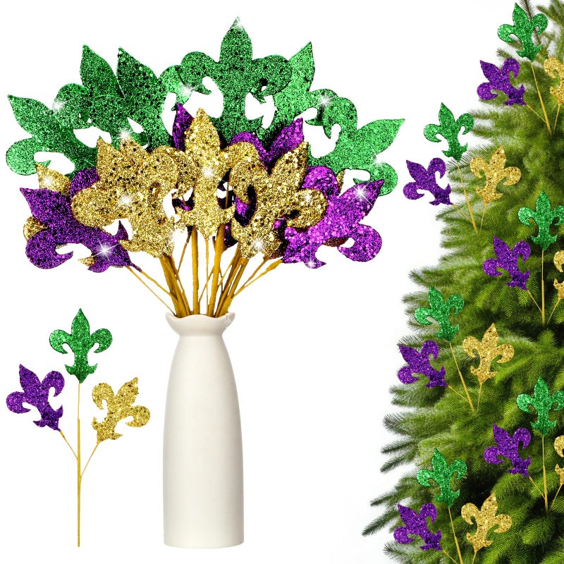 Suncalla 12 Pcs Mardi Gras Decoration Mardi Gras Picks 15 Inch Glitter Fleur De Lis Picks Carnaval Purple Green Gold Ornament for Tree Topper Home Floral Arrangement Wreath Party Decor - Image 1