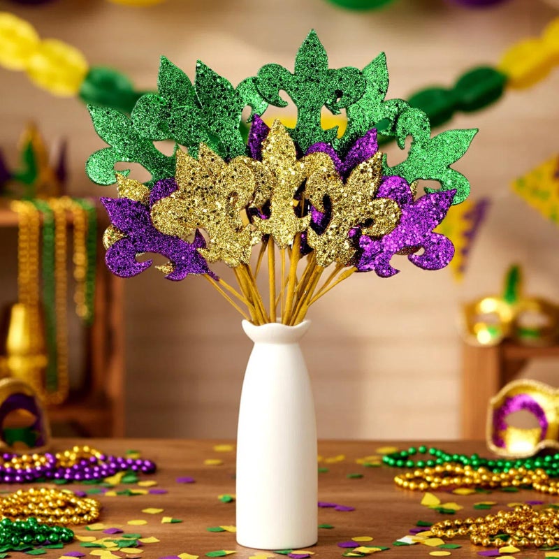 Suncalla 12 Pcs Mardi Gras Decoration Mardi Gras Picks 15 Inch Glitter Fleur De Lis Picks Carnaval Purple Green Gold Ornament for Tree Topper Home Floral Arrangement Wreath Party Decor - Image 3