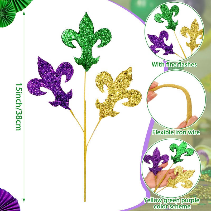Suncalla 12 Pcs Mardi Gras Decoration Mardi Gras Picks 15 Inch Glitter Fleur De Lis Picks Carnaval Purple Green Gold Ornament for Tree Topper Home Floral Arrangement Wreath Party Decor - Image 2