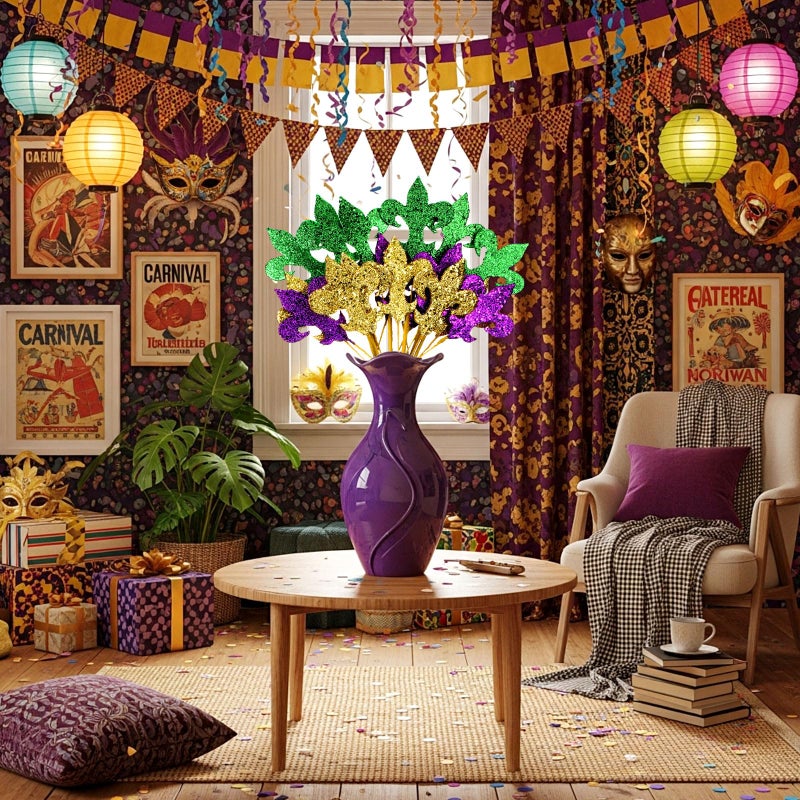 Suncalla 12 Pcs Mardi Gras Decoration Mardi Gras Picks 15 Inch Glitter Fleur De Lis Picks Carnaval Purple Green Gold Ornament for Tree Topper Home Floral Arrangement Wreath Party Decor - Image 5