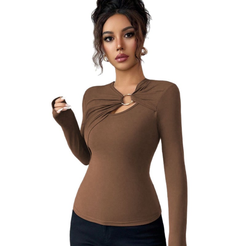 Women's Solid Color Cutout Long Sleeve T-Shirt - Image 5