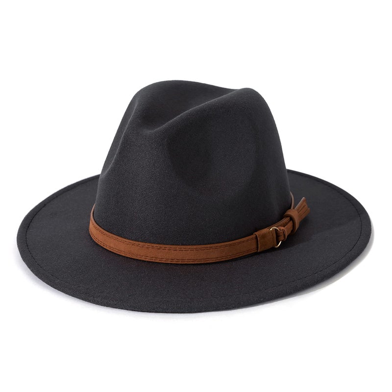 Lisianthus Men & Women Vintage Wide Brim Fedora Hat with Belt Buckle A-Dark Grey 59-60cm - Image 1