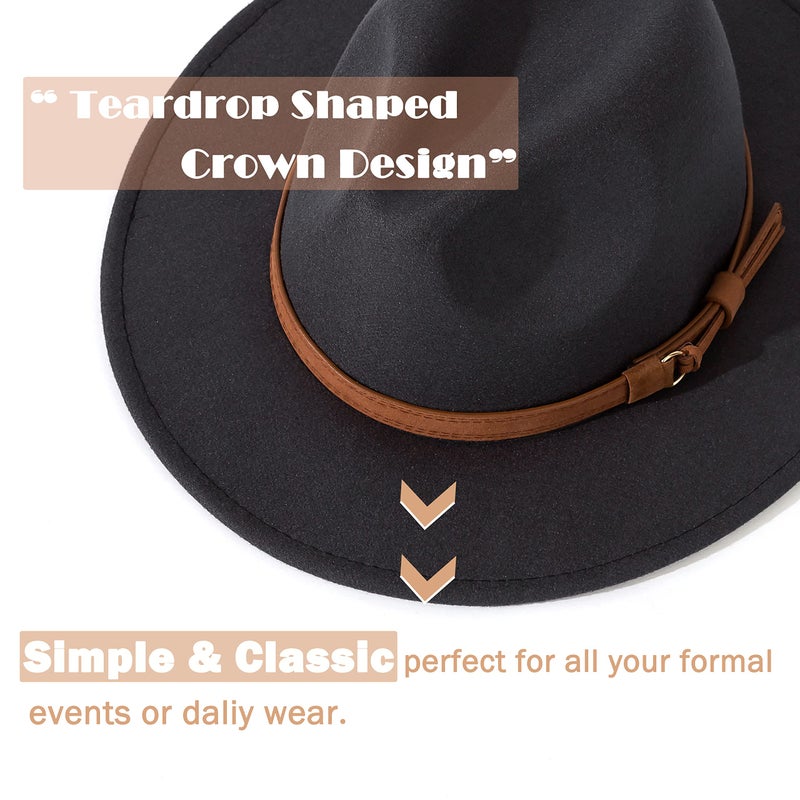 Lisianthus Men & Women Vintage Wide Brim Fedora Hat with Belt Buckle A-Dark Grey 59-60cm - Image 2