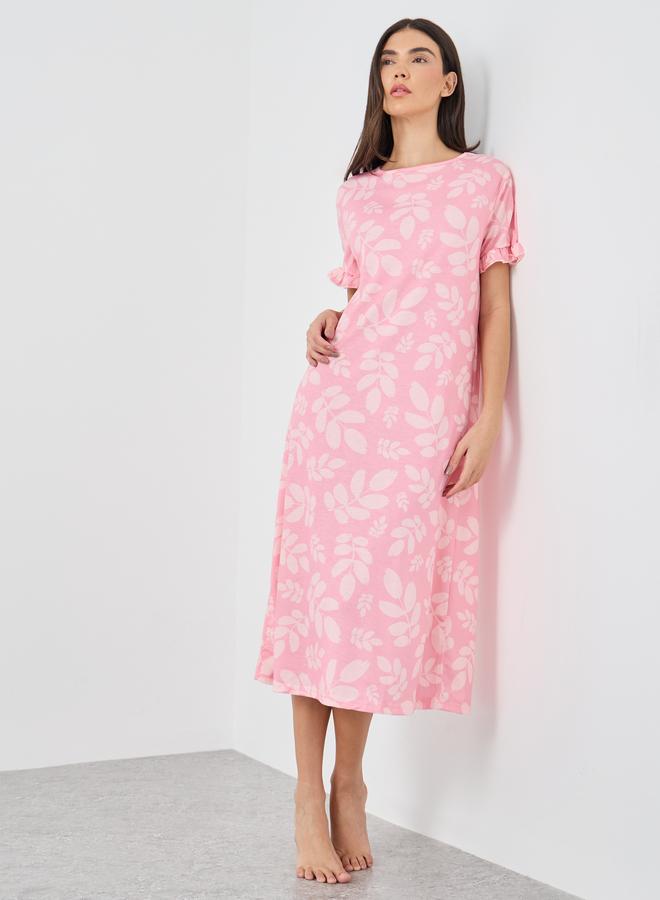 Styli Ruffle Sleeve Leafy Print Sleep T-Shirt Dress - Image 1
