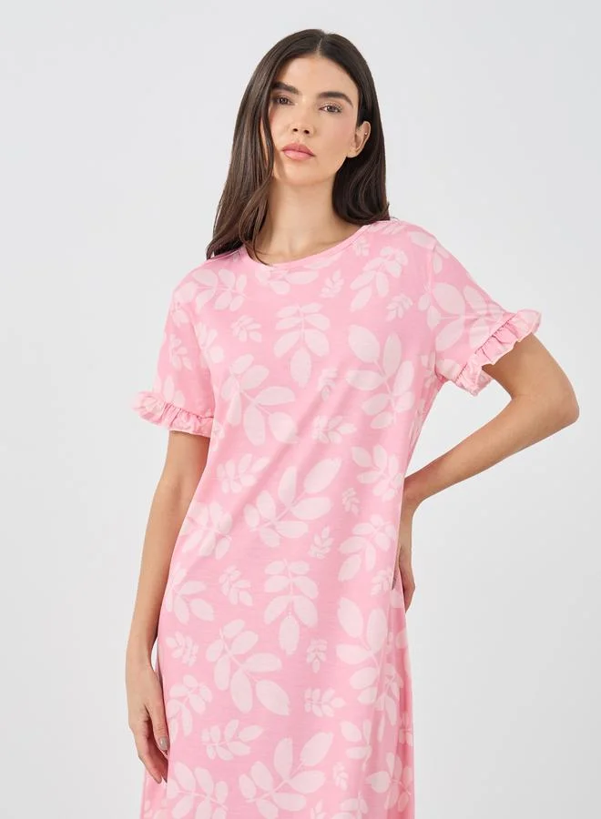 Styli Styli Ruffle Sleeve Leafy Print Sleep T-Shirt Dress